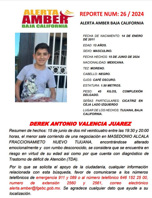ALERTA AMBER BAJA CALIFORNIADEREK ANTONIO VALENCIA JUÁREZ DE 13 AÑOS