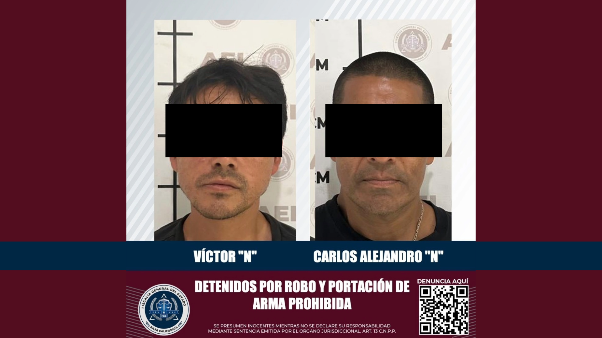 Detienen a dos hombres por delitos de robo de vehículo y portación de arma, en Rosarito