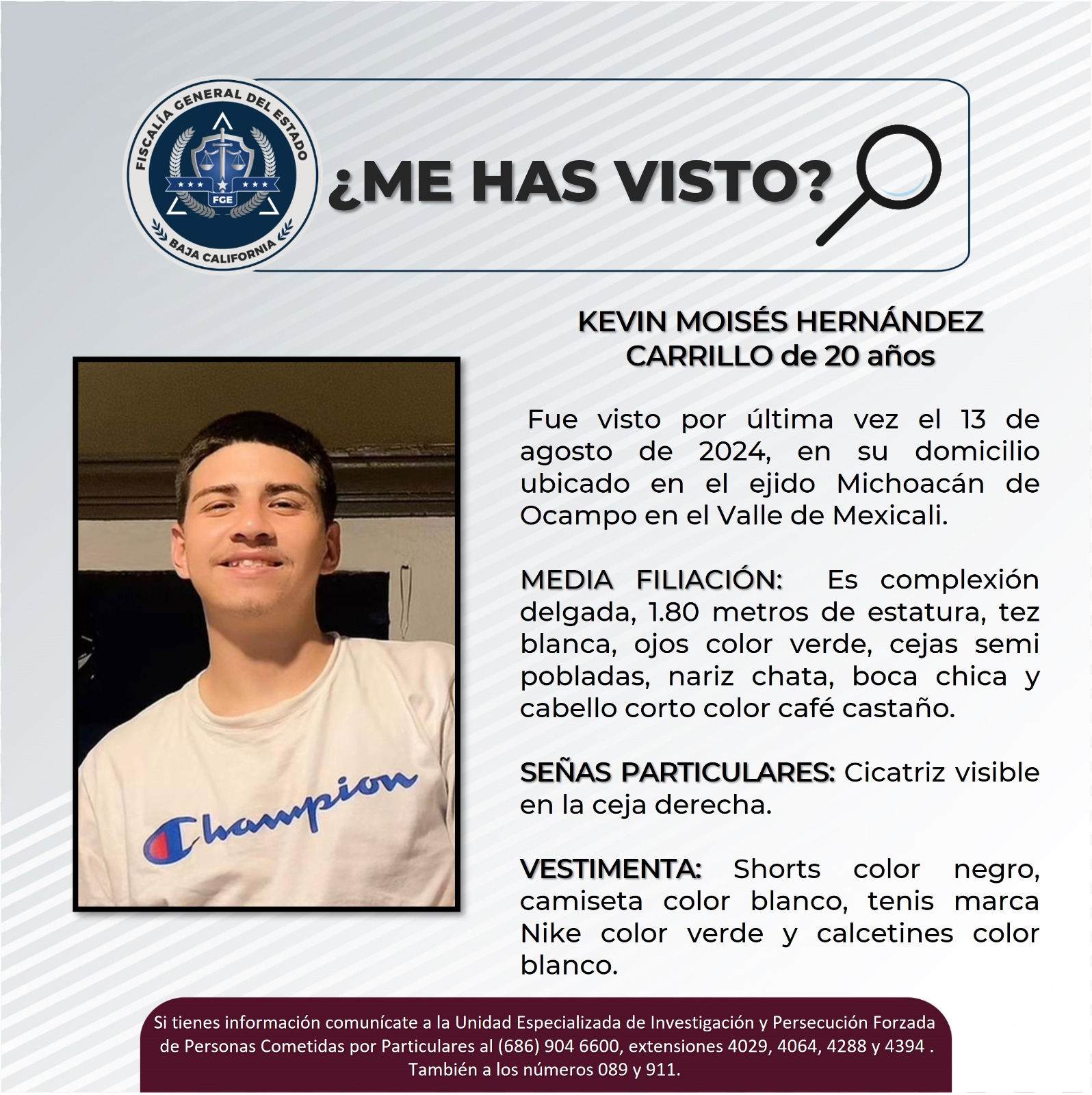 SOLICITAN APOYO PARA LOCALIZAR A KEVIN MOISÉS HERNÁNDEZ CARRILLO