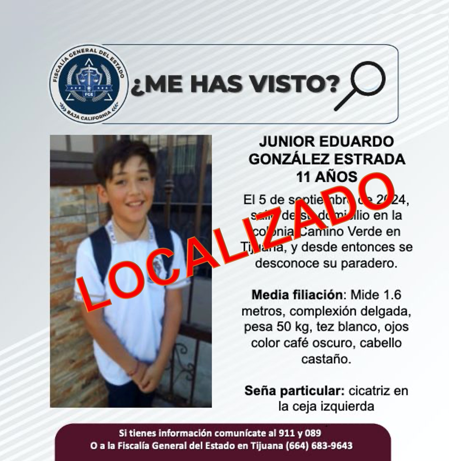 FGE LOCALIZAN JUNIOR EDUARDO GONZÁLEZ ESTRADA, DE 11 AÑOS